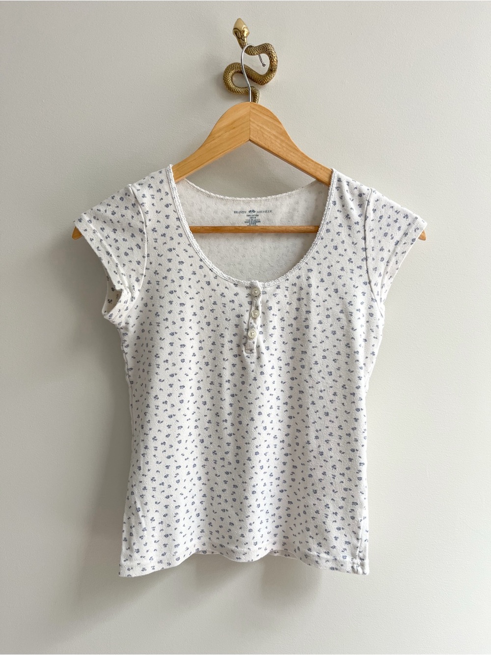 Brandy Melville Pointelle Knit Cotton Cap Sleeve Ditsy Floral Henley Tee White